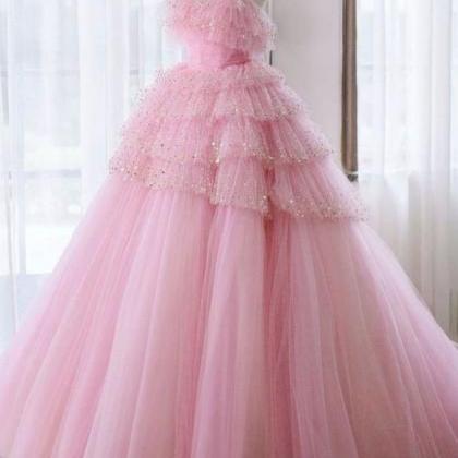 Princess A Line Strapless Pink Long Prom Dress..