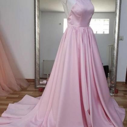 Elegant A Line High Neck Pink Long Prom Party..