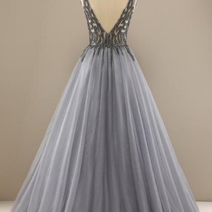 Glamorous A Line V Neck Grey Tulle Long Prom Dress..