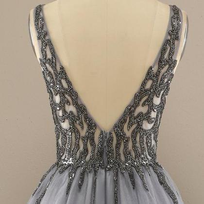 Glamorous A Line V Neck Grey Tulle Long Prom Dress..