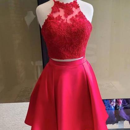 Stylish Two Piee Red Halter Short Homecoming Dress..