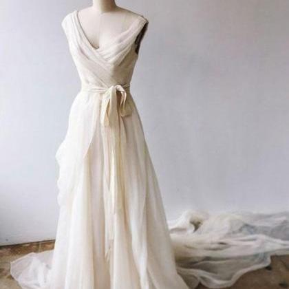 A Line V Neck White Wedding Party Dress With..