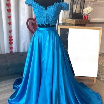 Two Piece Off The Shoulder Blue Long Prom Dress..
