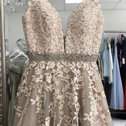 Elegant A Line Deep V Neck Grey Long Prom Dress..