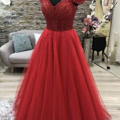 Luxurious A Line Off The Shoulder Red Prom Dress..