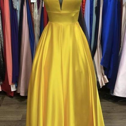 Simple A Line Spaghetti Straps Yellow Long Prom..