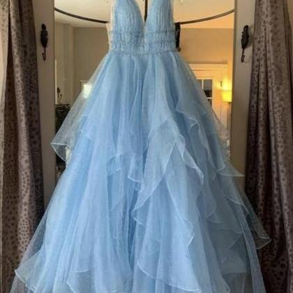 Elegant A Line Deep V Neck Blue Long Prom Dress..