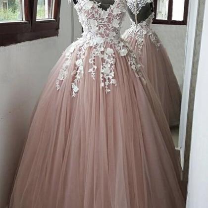Princess A Line Round Neck Pink Long Prom Dress..