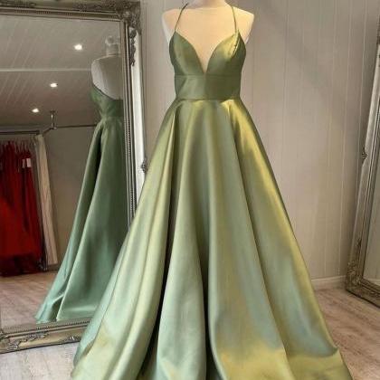 Simple A Line Halter Geen Long Prom Dress With..