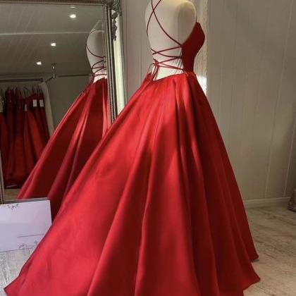 Classic A Line Spaghetti Straps Red Long Prom..