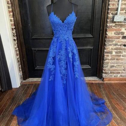 A Line Spaghetti Straps Royal Blue Long Prom Dress..