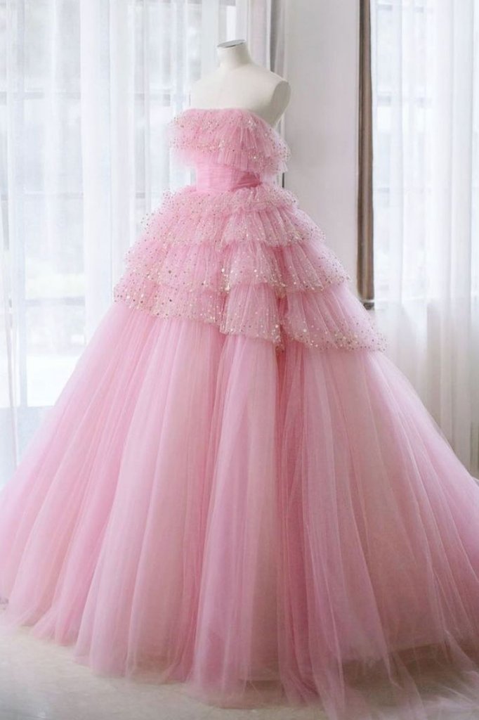 Princess A Line Strapless Pink Long Prom Dress Party Dress With Beading