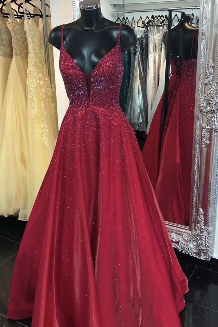 Charming A Line Deep V Neck Burgundy Long Prom Dress Party Dress With Beading