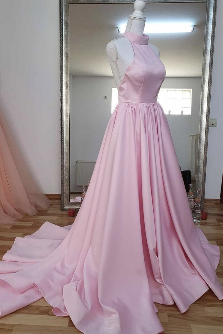 Elegant A Line High Neck Pink Long Prom Party Dress With Backless