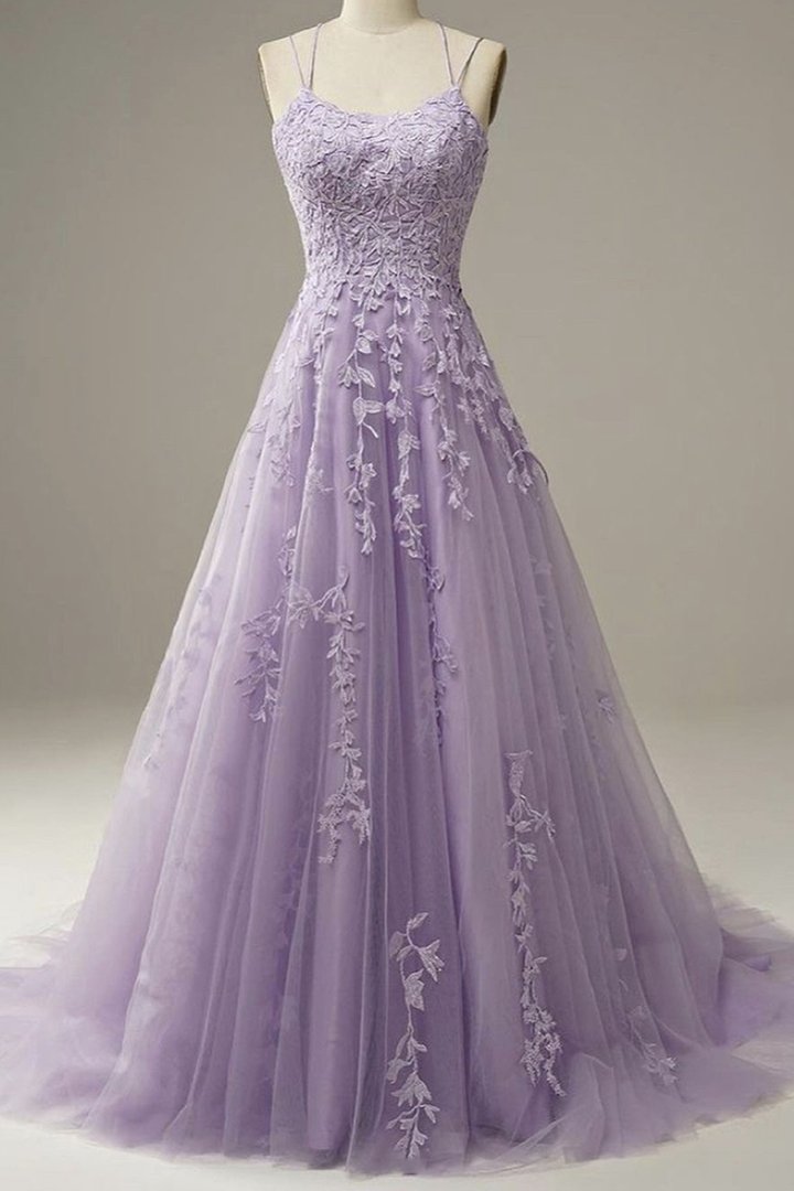 Selling A Line Spaghetti Straps Lavender Long Prom Dress With Appliques