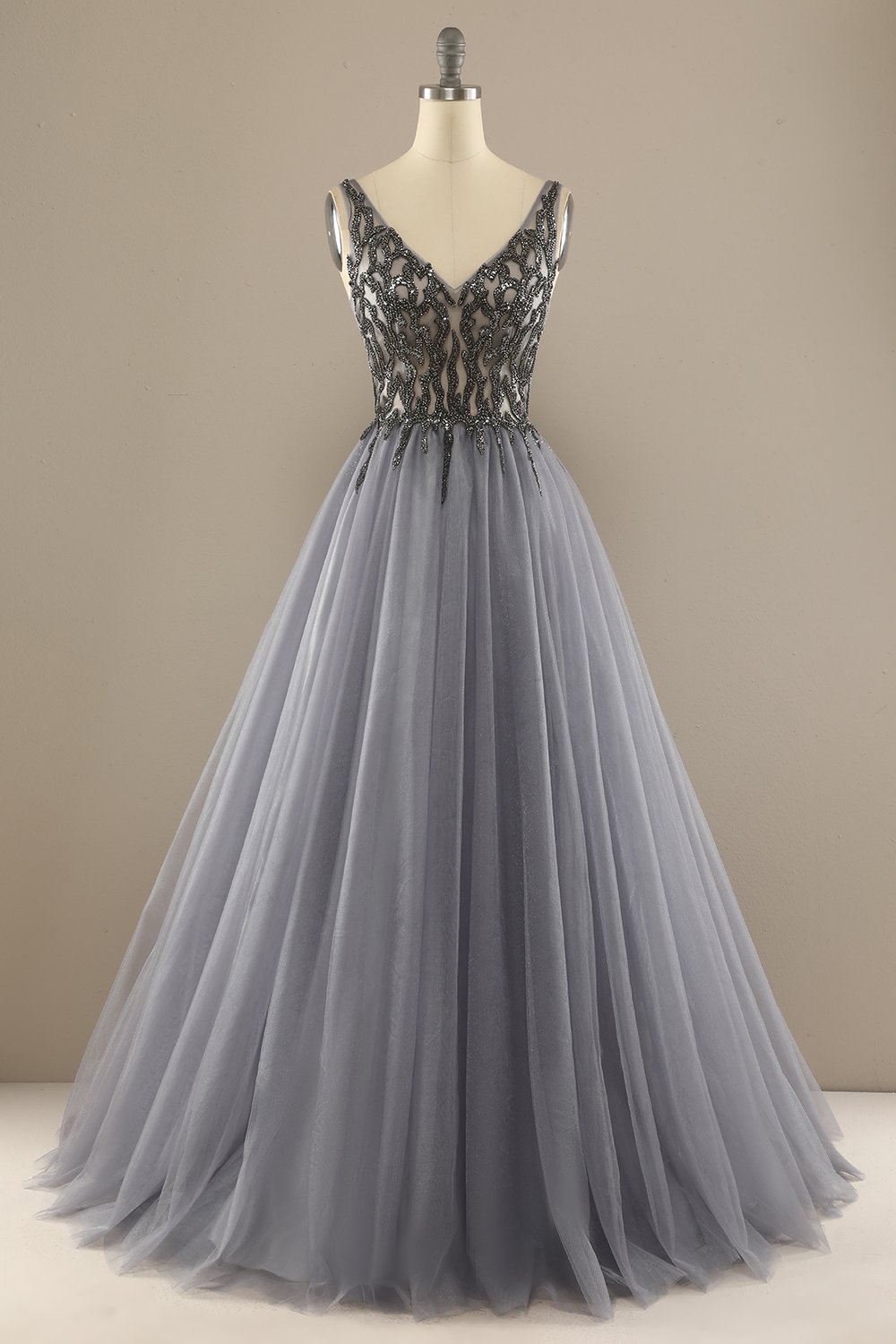 Glamorous A Line V Neck Grey Tulle Long Prom Dress With Beading