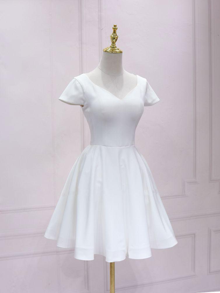 Cute A Line V Neck White Short Homecoming Party Dress With Bowknot