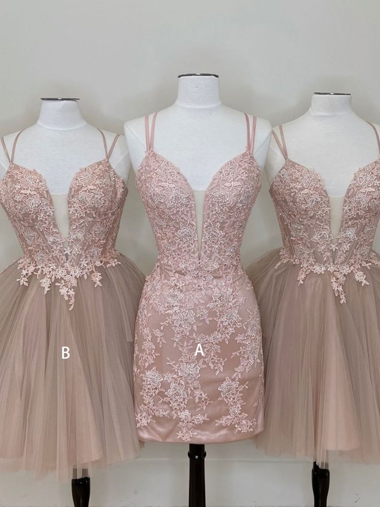 Gorgeous Spaghetti Straps Pink Short Homecoming Dress With Appliques