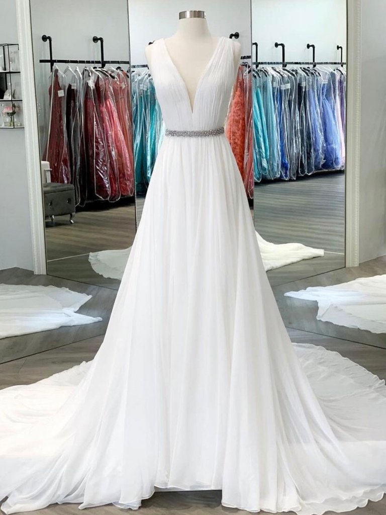 Elegant A Line Deep V Neck Wedding Dress Party Dress With Beading