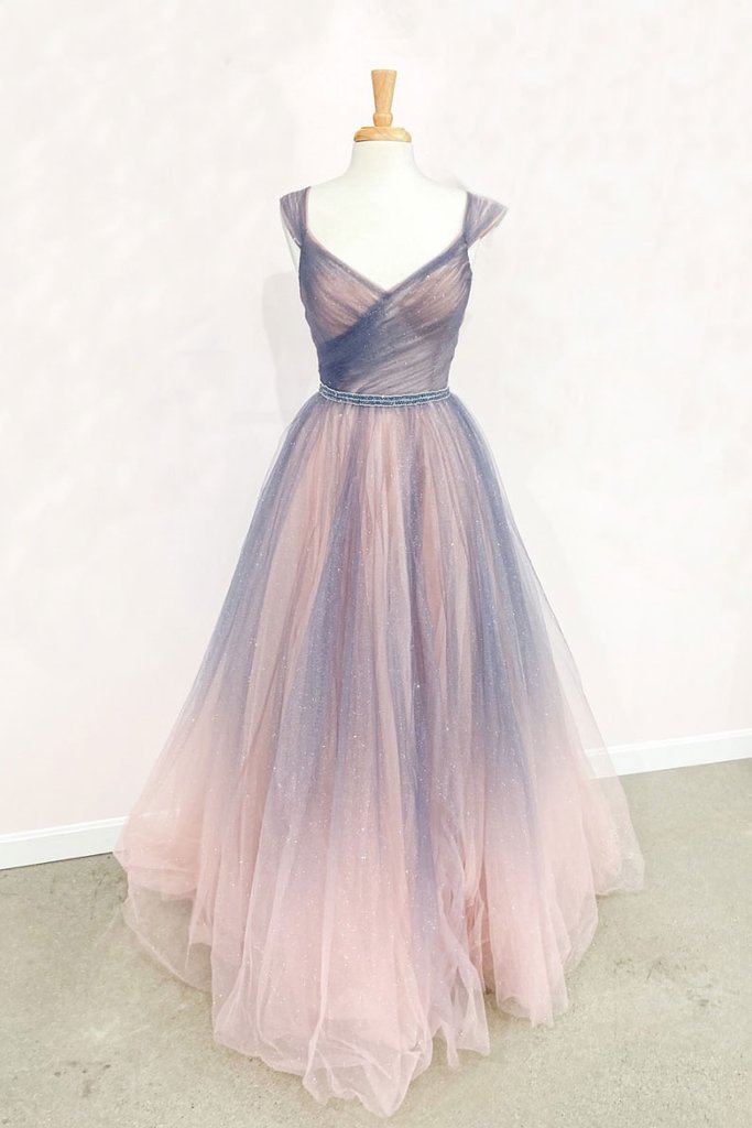 Charming A Line Sweetheart Pink Grey Long Prom Party Dress With Ruffles