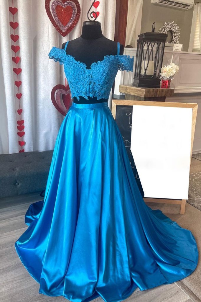 Two Piece Off The Shoulder Blue Long Prom Dress Party Dress With Appliques
