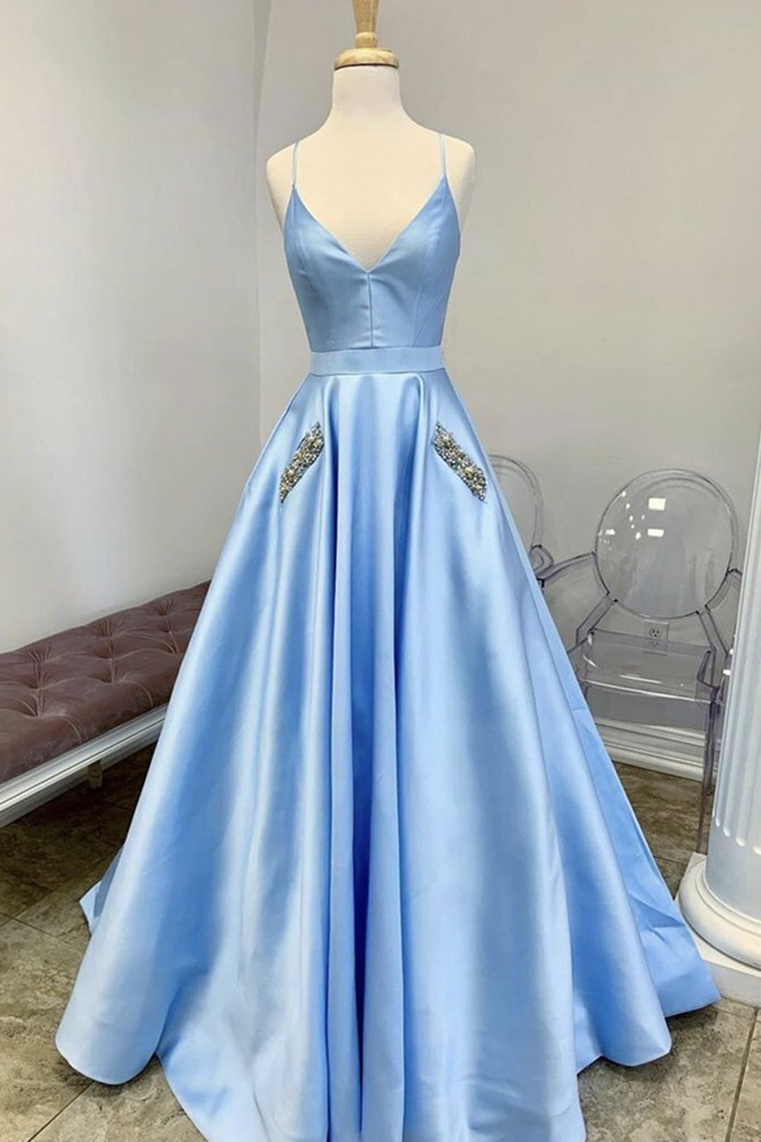 Beautiful A Line Spaghetti Straps Blue Long Prom/evening Party Dress With Pockets