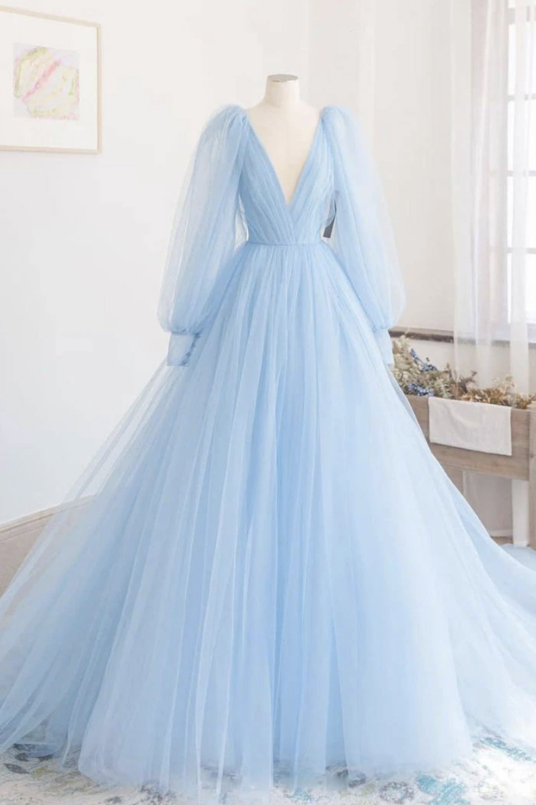 Elegant A Line Deep V Neck Light Blue Long Prom Dress Party Dress