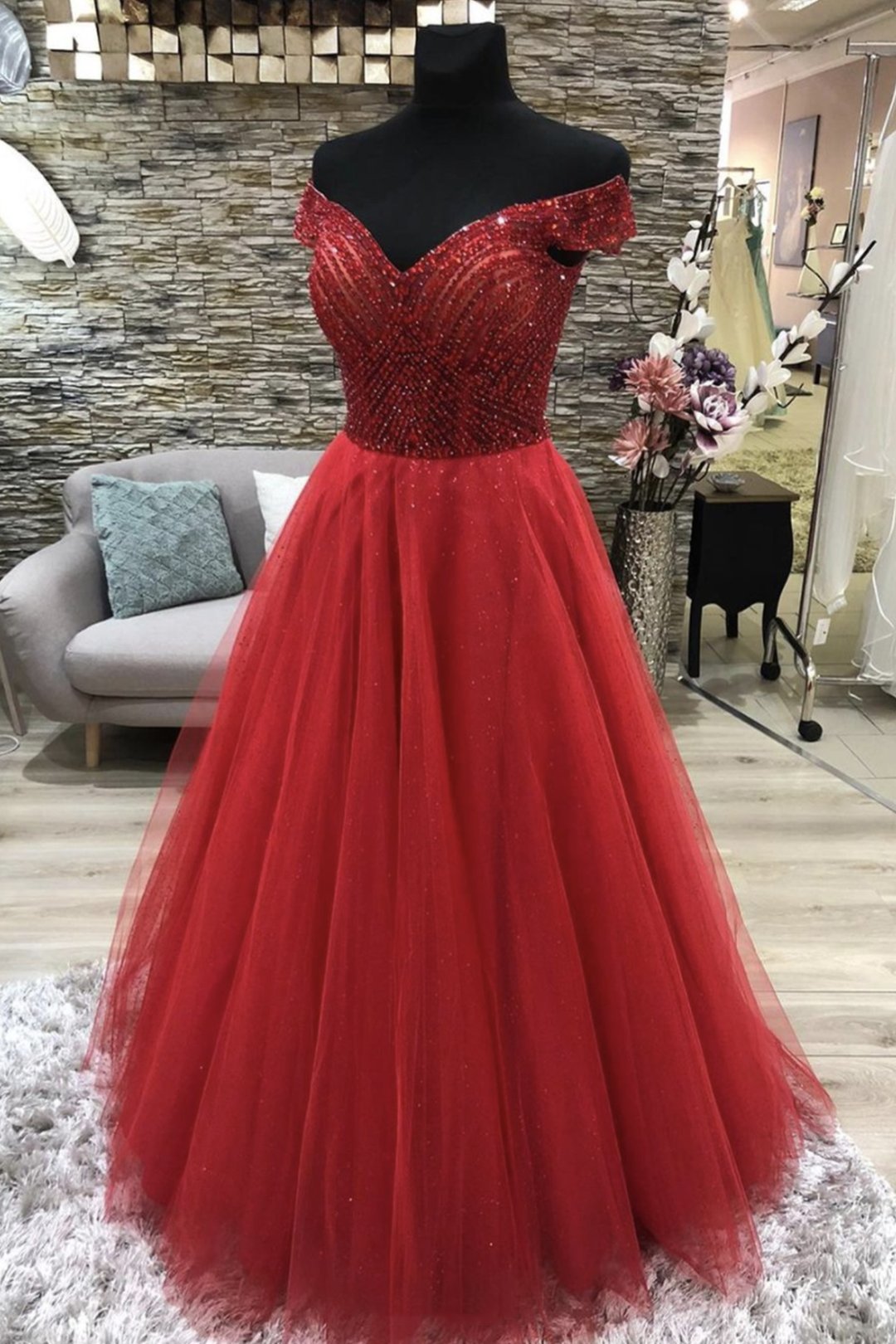 Luxurious A Line Off The Shoulder Red Prom Dress With Beading Party Dress