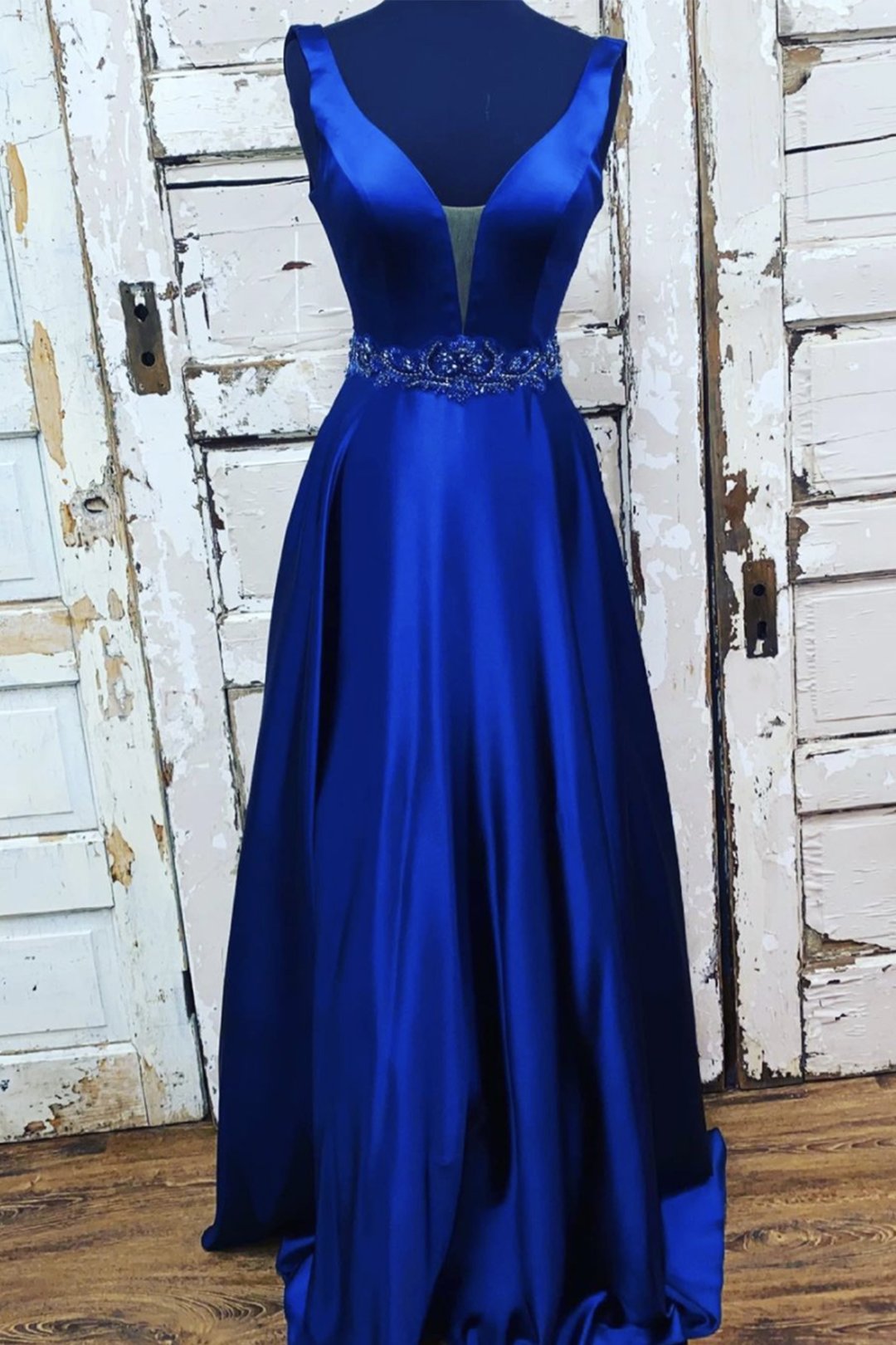 Beautiful A Line Deep V Neck Royal Blue Long Prom Dress With Beading