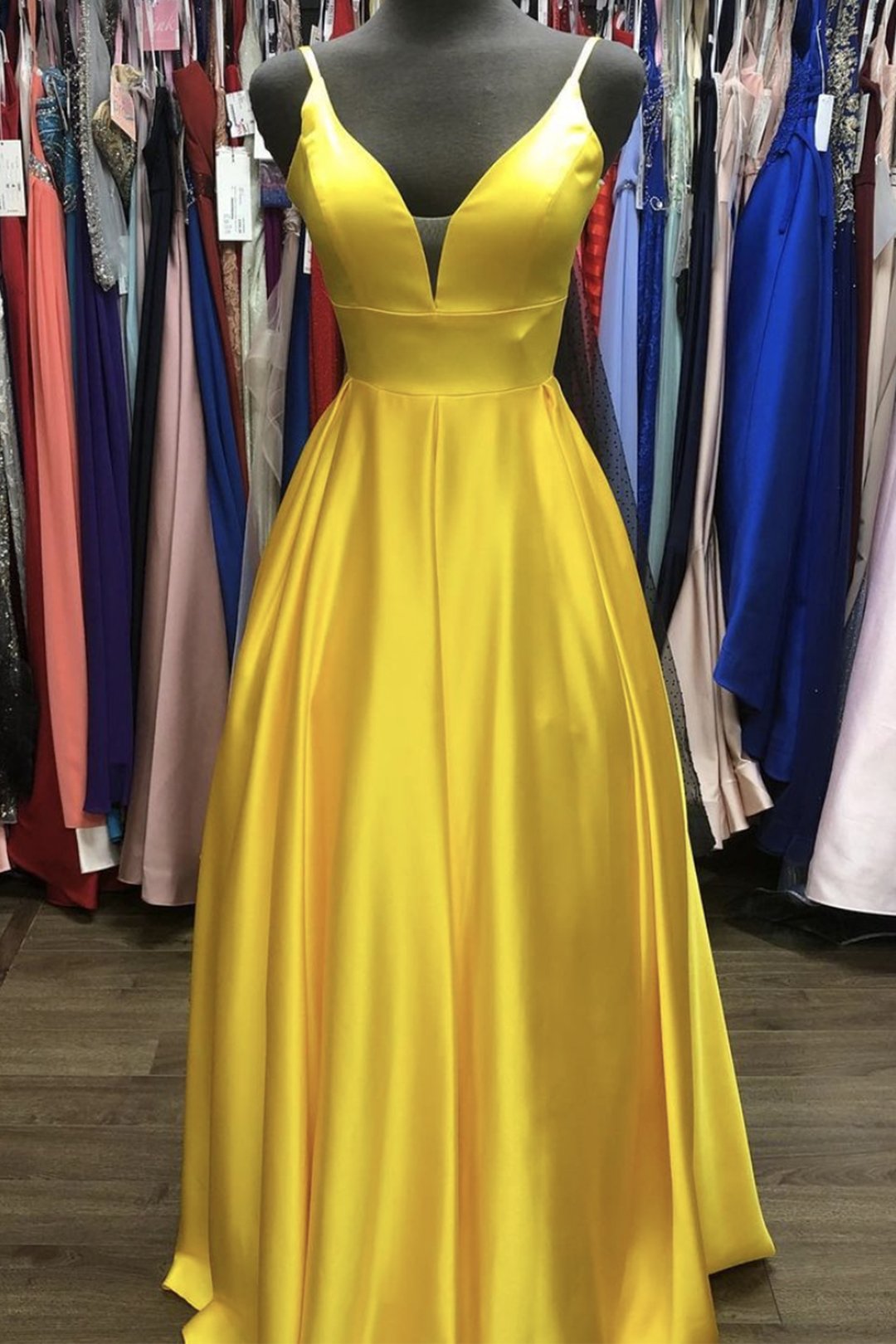 Simple A Line Spaghetti Straps Yellow Long Prom Dress Party Dress