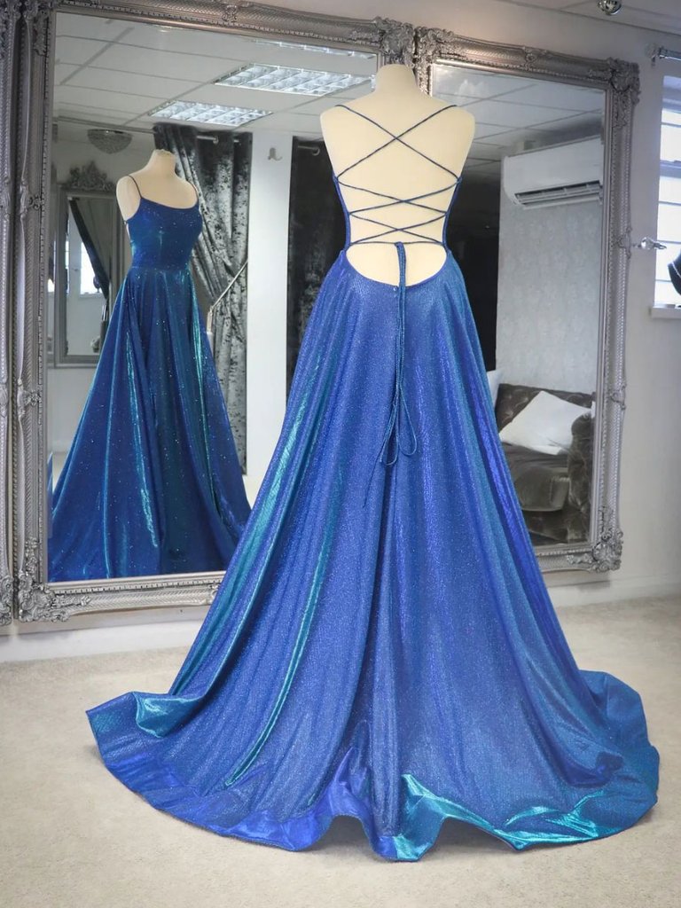 Simple A Line Spaghetti Straps Royal Blue Long Prom Dress With Cirs Cross