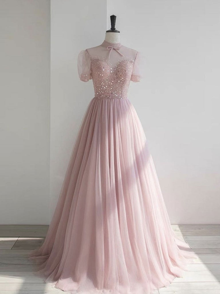 Beautiful High Neck Pink Long Prom Dress Party Dress With Beading