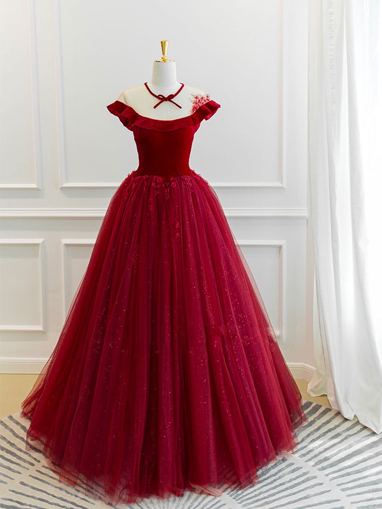 Charming Ball Gown Round Neck Red Party Dress With Appliques Backless