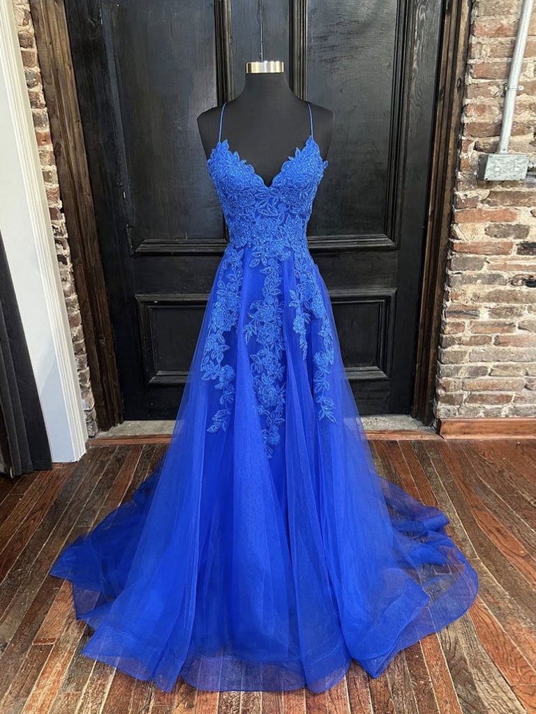 A Line Spaghetti Straps Royal Blue Long Prom Dress With Appliques