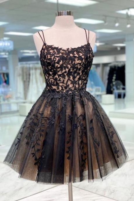Stylish A Line Spaghetti Straps Black Short Homecoming Dress with Appliques