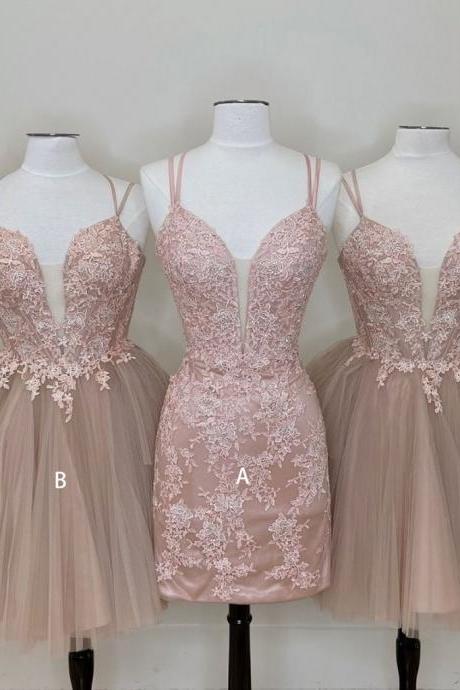 Gorgeous Spaghetti Straps Pink Short Homecoming Dress with Appliques