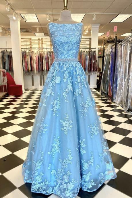 Gorgeous A Line Bateau Blue Long Prom Dress Evening Dress with Appliques