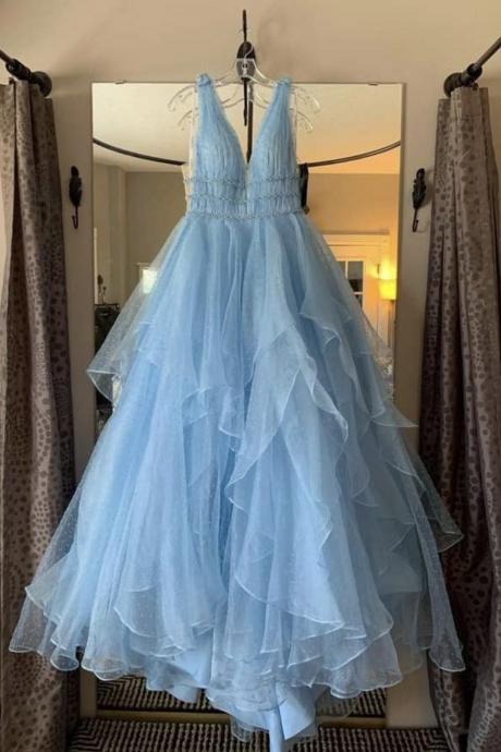 Elegant A Line Deep V Neck Blue Long Prom Dress Party Dress with Ruffles