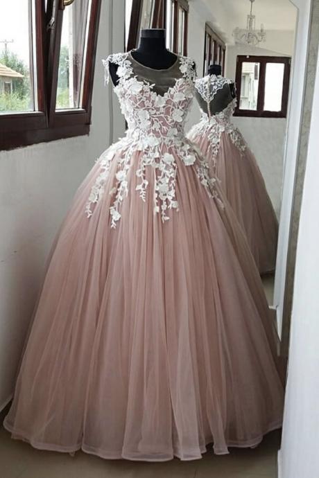 Princess A Line Round Neck Pink Long Prom Dress with Appliques