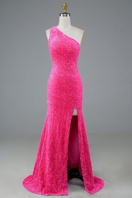 Sheath One Shoulder Fuchsia Sequins Long Prom Dress Party Dress