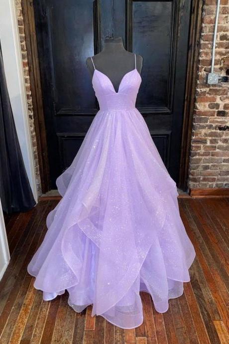 Gorgeous A Line Spaghetti Straps Lavender Long Prom Party Dress