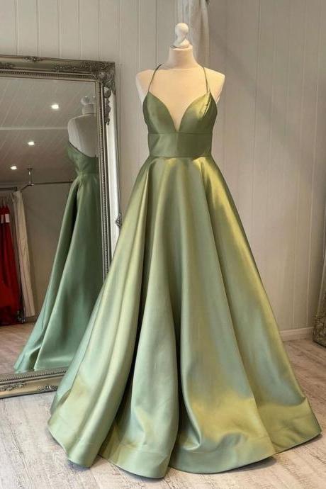 Simple A Line Halter Geen Long Prom Dress with Backless Party Dress