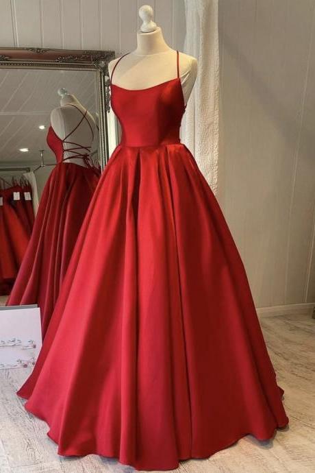 Classic A Line Spaghetti Straps Red Long Prom Dress with Backless