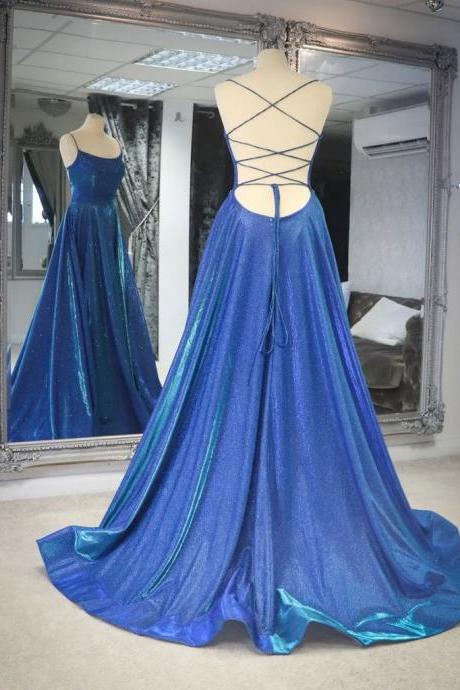 Simple A Line Spaghetti Straps Royal Blue Long Prom Dress with Cirs Cross