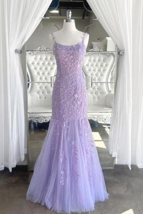 Gorgeous Mermaid Spaghetti Straps Lavender Long Prom Dress with Appliques