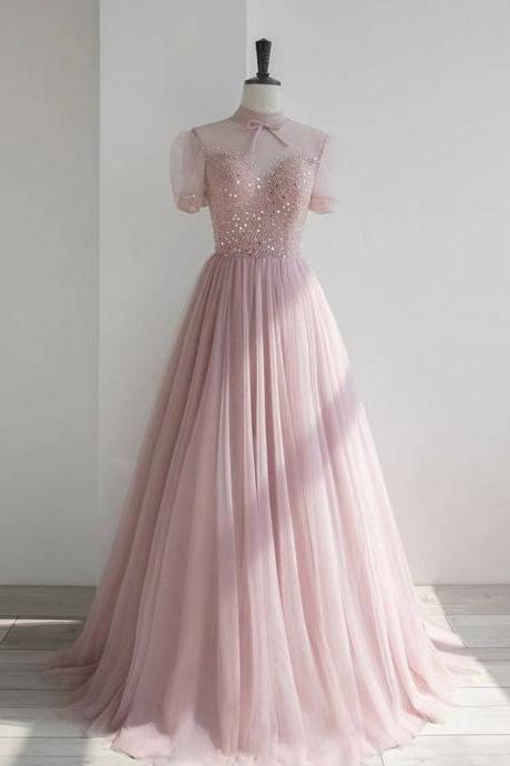 Beautiful High Neck Pink Long Prom Dress Party Dress with Beading