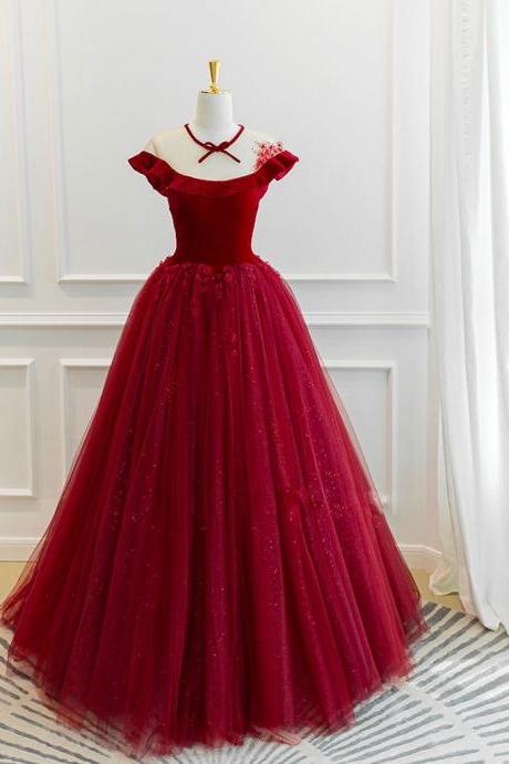 Charming Ball Gown Round Neck Red Party Dress with Appliques Backless