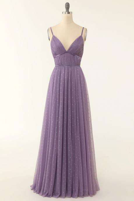 Charming A Line Spaghetti Straps Lavender Long Bridesmaid Dress Party Dress
