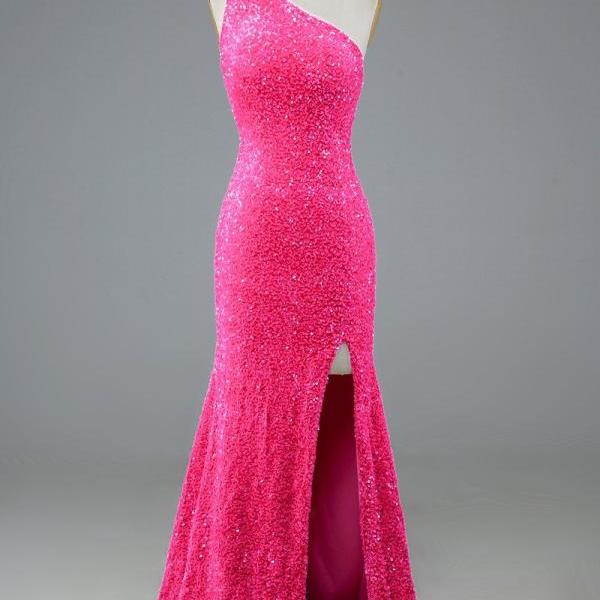 Sheath One Shoulder Fuchsia Sequins Long Prom Dress Party Dress on Luulla